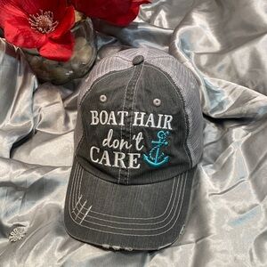 🌹Boat Hair Don't Care Embroidered Trucker Hat - Gray with Turquoise Anchor